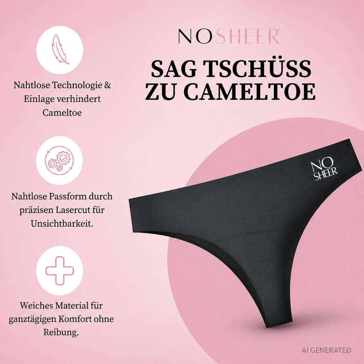 Set of 3 NOSHEER anti-camel toe thong black